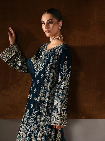 Stunning velvet embroidered 3PC sharara set with sequined panels, chiffon dupatta & raw silk sharara—perfect for weddings, parties & all-season luxury.