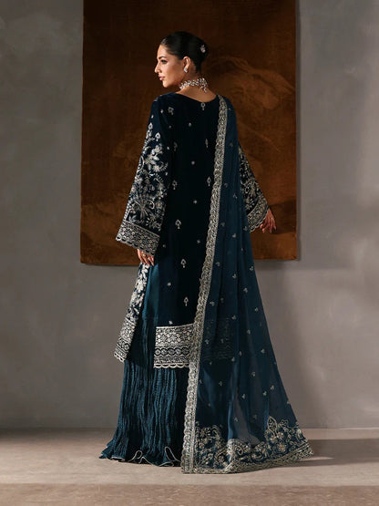 Stunning velvet embroidered 3PC sharara set with sequined panels, chiffon dupatta & raw silk sharara—perfect for weddings, parties & all-season luxury.