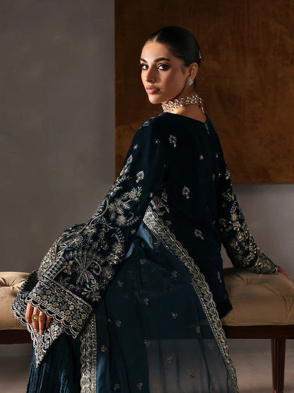 Stunning velvet embroidered 3PC sharara set with sequined panels, chiffon dupatta & raw silk sharara—perfect for weddings, parties & all-season luxury.