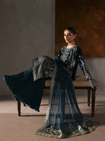 Stunning velvet embroidered 3PC sharara set with sequined panels, chiffon dupatta & raw silk sharara—perfect for weddings, parties & all-season luxury.