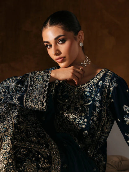 Stunning velvet embroidered 3PC sharara set with sequined panels, chiffon dupatta & raw silk sharara—perfect for weddings, parties & all-season luxury.