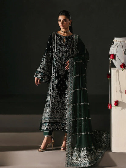 Premium velvet embroidered 3PC suit with sequined panels, chiffon dupatta & raw silk trouser—perfect for festive, party and all-season luxury wear.