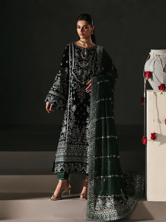 Premium velvet embroidered 3PC suit with sequined panels, chiffon dupatta & raw silk trouser—perfect for festive, party and all-season luxury wear.