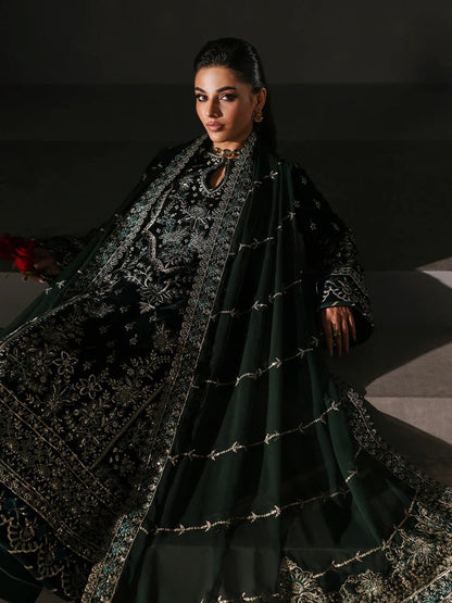 Premium velvet embroidered 3PC suit with sequined panels, chiffon dupatta & raw silk trouser—perfect for festive, party and all-season luxury wear.