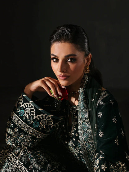 Premium velvet embroidered 3PC suit with sequined panels, chiffon dupatta & raw silk trouser—perfect for festive, party and all-season luxury wear.