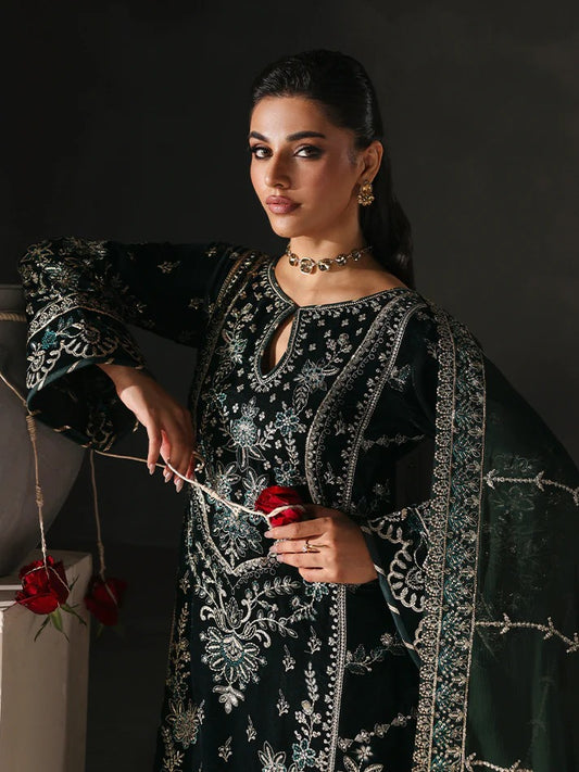 Premium velvet embroidered 3PC suit with sequined panels, chiffon dupatta & raw silk trouser—perfect for festive, party and all-season luxury wear.