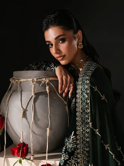 Premium velvet embroidered 3PC suit with sequined panels, chiffon dupatta & raw silk trouser—perfect for festive, party and all-season luxury wear.