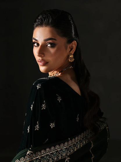Premium velvet embroidered 3PC suit with sequined panels, chiffon dupatta & raw silk trouser—perfect for festive, party and all-season luxury wear.