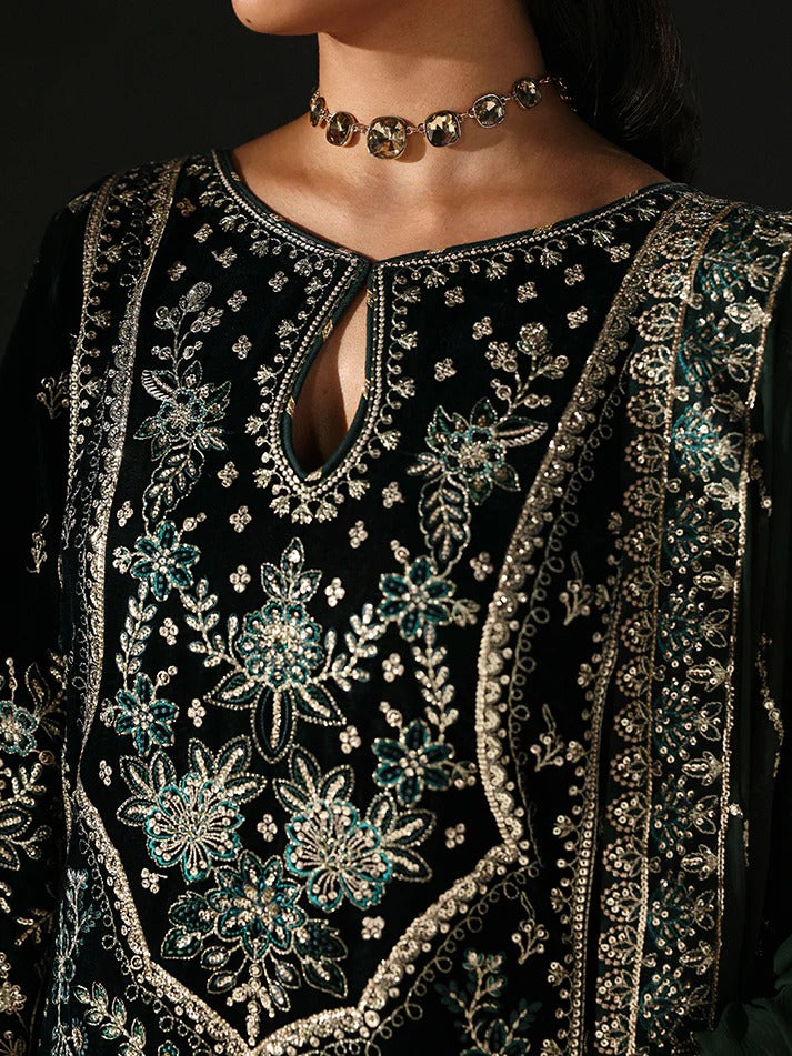 Premium velvet embroidered 3PC suit with sequined panels, chiffon dupatta & raw silk trouser—perfect for festive, party and all-season luxury wear.