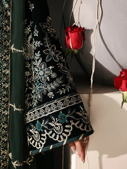 Premium velvet embroidered 3PC suit with sequined panels, chiffon dupatta & raw silk trouser—perfect for festive, party and all-season luxury wear.