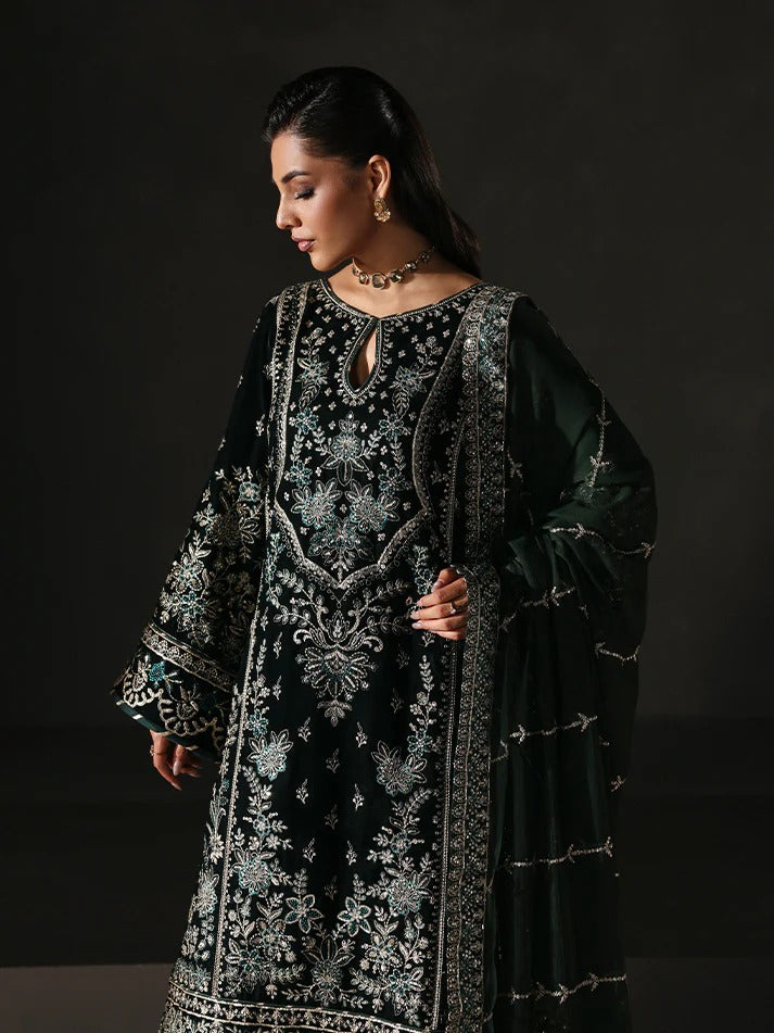 Premium velvet embroidered 3PC suit with sequined panels, chiffon dupatta & raw silk trouser—perfect for festive, party and all-season luxury wear.