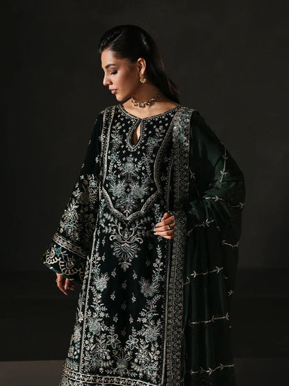 Premium velvet embroidered 3PC suit with sequined panels, chiffon dupatta & raw silk trouser—perfect for festive, party and all-season luxury wear.