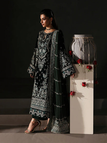 Premium velvet embroidered 3PC suit with sequined panels, chiffon dupatta & raw silk trouser—perfect for festive, party and all-season luxury wear.