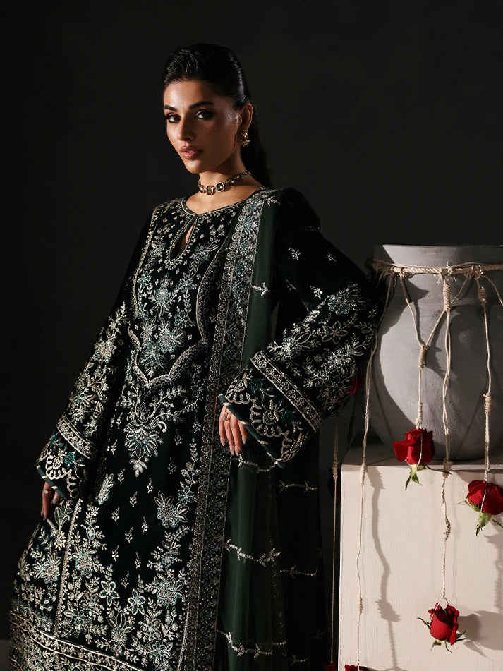 Premium velvet embroidered 3PC suit with sequined panels, chiffon dupatta & raw silk trouser—perfect for festive, party and all-season luxury wear.