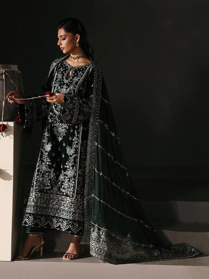 Premium velvet embroidered 3PC suit with sequined panels, chiffon dupatta & raw silk trouser—perfect for festive, party and all-season luxury wear.