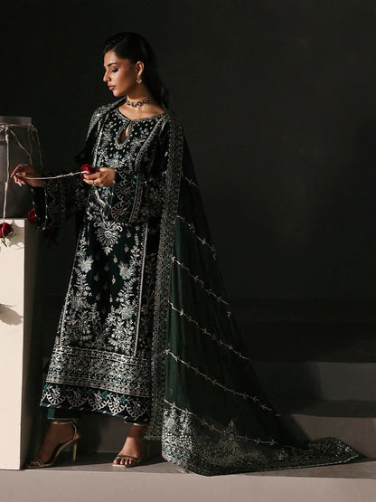 Premium velvet embroidered 3PC suit with sequined panels, chiffon dupatta & raw silk trouser—perfect for festive, party and all-season luxury wear.