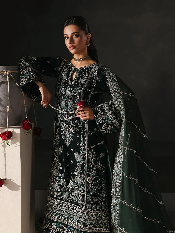 Premium velvet embroidered 3PC suit with sequined panels, chiffon dupatta & raw silk trouser—perfect for festive, party and all-season luxury wear.