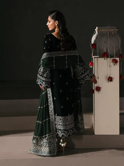 Premium velvet embroidered 3PC suit with sequined panels, chiffon dupatta & raw silk trouser—perfect for festive, party and all-season luxury wear.