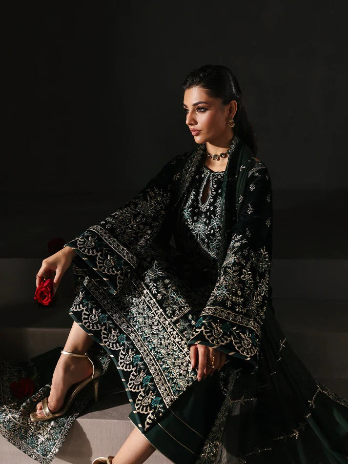 Premium velvet embroidered 3PC suit with sequined panels, chiffon dupatta & raw silk trouser—perfect for festive, party and all-season luxury wear.