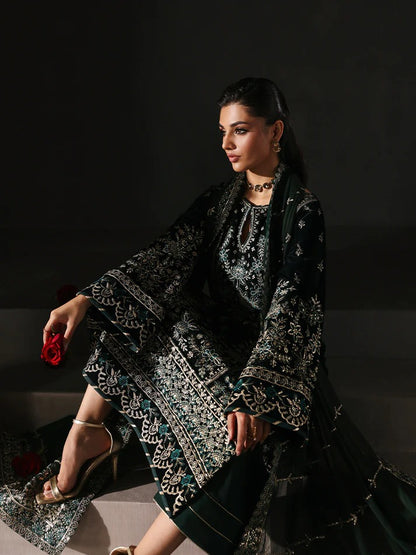 Premium velvet embroidered 3PC suit with sequined panels, chiffon dupatta & raw silk trouser—perfect for festive, party and all-season luxury wear.