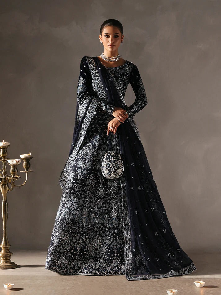 Stunning velvet embroidered 3PC lehenga set with sequined bodice, raw silk panels & chiffon dupatta. Perfect for weddings, parties & festive occasions.