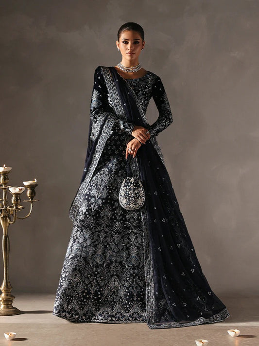 Stunning velvet embroidered 3PC lehenga set with sequined bodice, raw silk panels & chiffon dupatta. Perfect for weddings, parties & festive occasions.