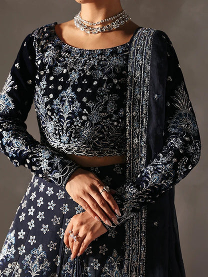 Stunning velvet embroidered 3PC lehenga set with sequined bodice, raw silk panels & chiffon dupatta. Perfect for weddings, parties & festive occasions.