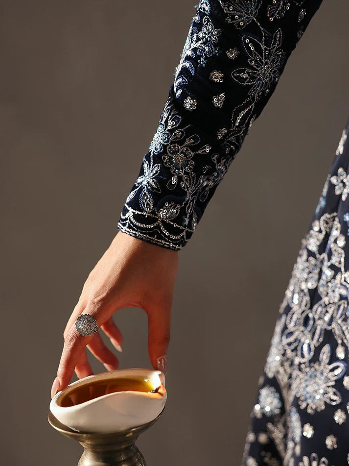 Stunning velvet embroidered 3PC lehenga set with sequined bodice, raw silk panels & chiffon dupatta. Perfect for weddings, parties & festive occasions.