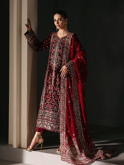 Elegant velvet embroidered 3PC suit with sequined panels, chiffon dupatta & raw silk trouser—perfect for weddings, parties & all-season festive wear.