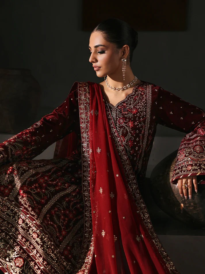 Elegant velvet embroidered 3PC suit with sequined panels, chiffon dupatta & raw silk trouser—perfect for weddings, parties & all-season festive wear.