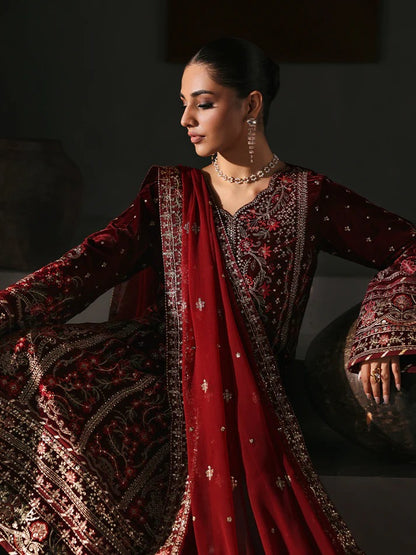 Elegant velvet embroidered 3PC suit with sequined panels, chiffon dupatta & raw silk trouser—perfect for weddings, parties & all-season festive wear.