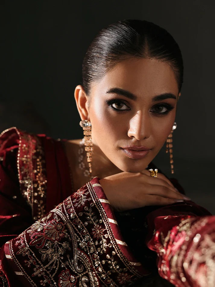 Elegant velvet embroidered 3PC suit with sequined panels, chiffon dupatta & raw silk trouser—perfect for weddings, parties & all-season festive wear.