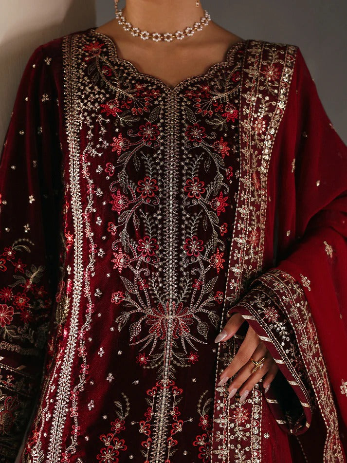 Elegant velvet embroidered 3PC suit with sequined panels, chiffon dupatta & raw silk trouser—perfect for weddings, parties & all-season festive wear.