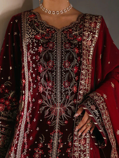 Elegant velvet embroidered 3PC suit with sequined panels, chiffon dupatta & raw silk trouser—perfect for weddings, parties & all-season festive wear.