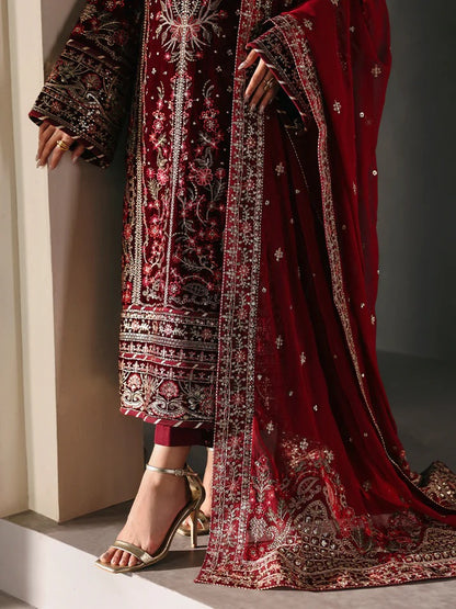 Elegant velvet embroidered 3PC suit with sequined panels, chiffon dupatta & raw silk trouser—perfect for weddings, parties & all-season festive wear.