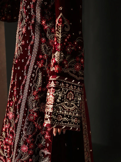 Elegant velvet embroidered 3PC suit with sequined panels, chiffon dupatta & raw silk trouser—perfect for weddings, parties & all-season festive wear.