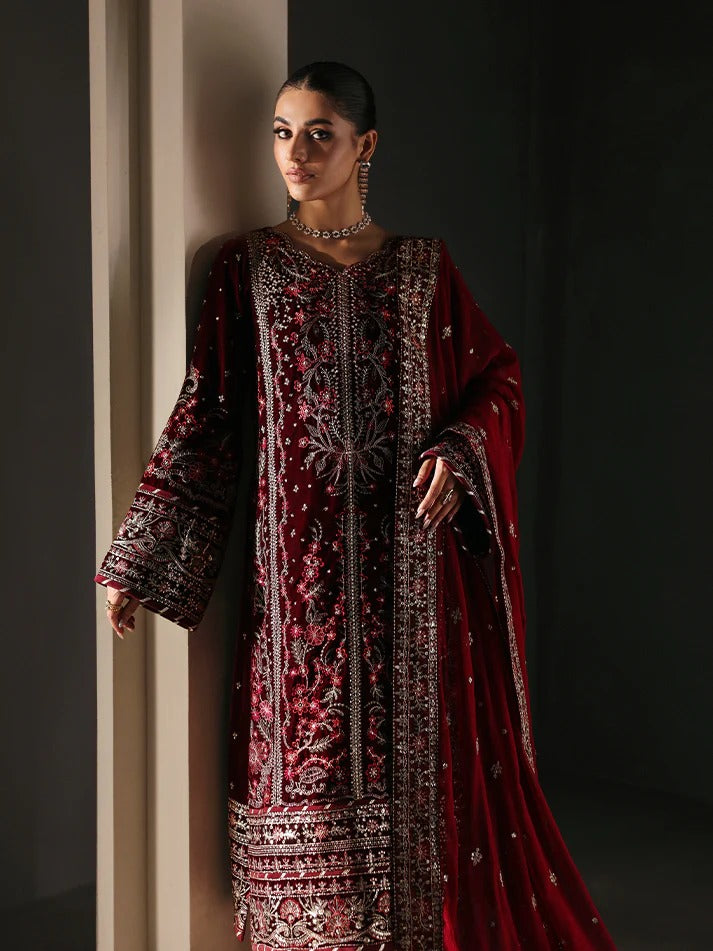 Elegant velvet embroidered 3PC suit with sequined panels, chiffon dupatta & raw silk trouser—perfect for weddings, parties & all-season festive wear.