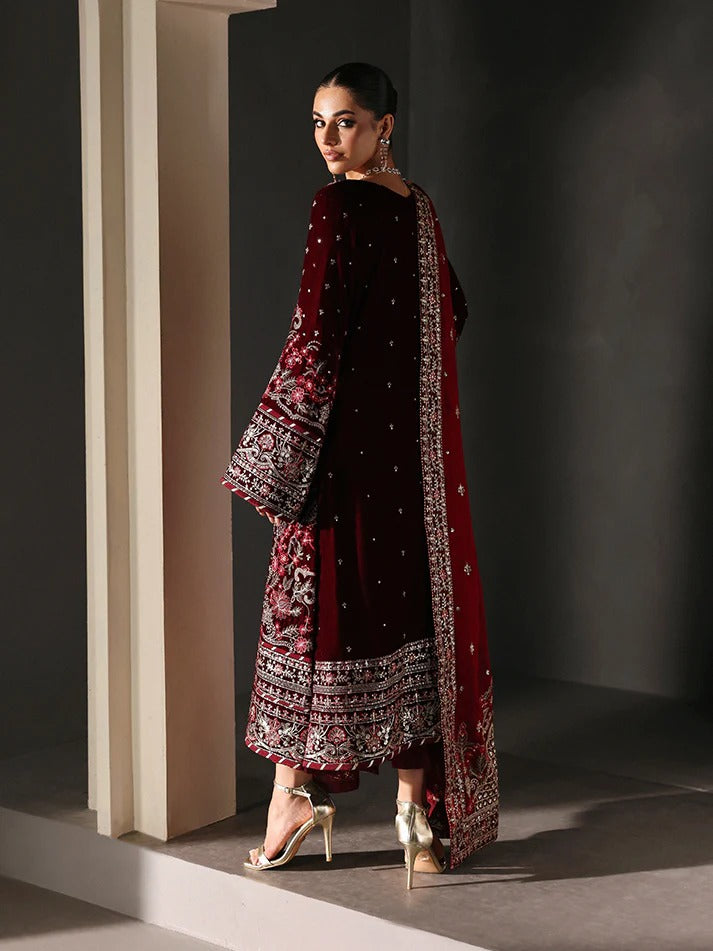 Elegant velvet embroidered 3PC suit with sequined panels, chiffon dupatta & raw silk trouser—perfect for weddings, parties & all-season festive wear.