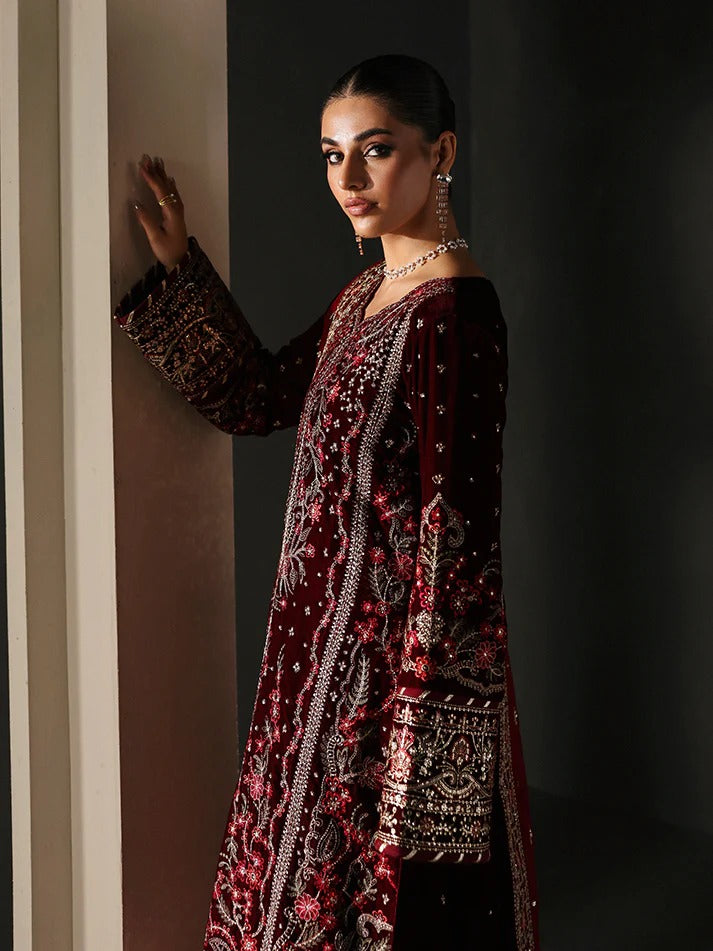 Elegant velvet embroidered 3PC suit with sequined panels, chiffon dupatta & raw silk trouser—perfect for weddings, parties & all-season festive wear.