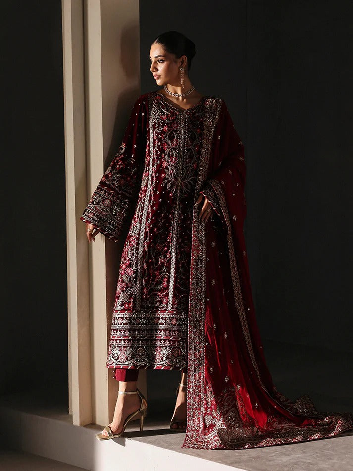 Elegant velvet embroidered 3PC suit with sequined panels, chiffon dupatta & raw silk trouser—perfect for weddings, parties & all-season festive wear.