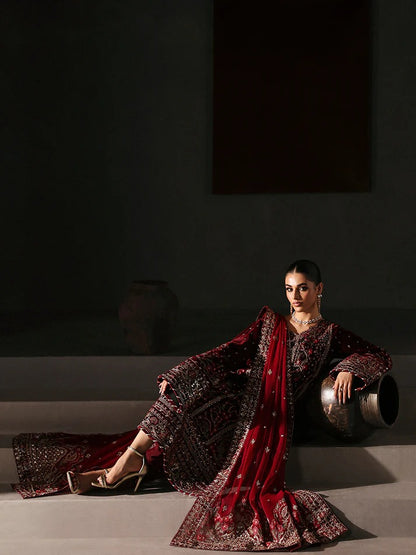Elegant velvet embroidered 3PC suit with sequined panels, chiffon dupatta & raw silk trouser—perfect for weddings, parties & all-season festive wear.
