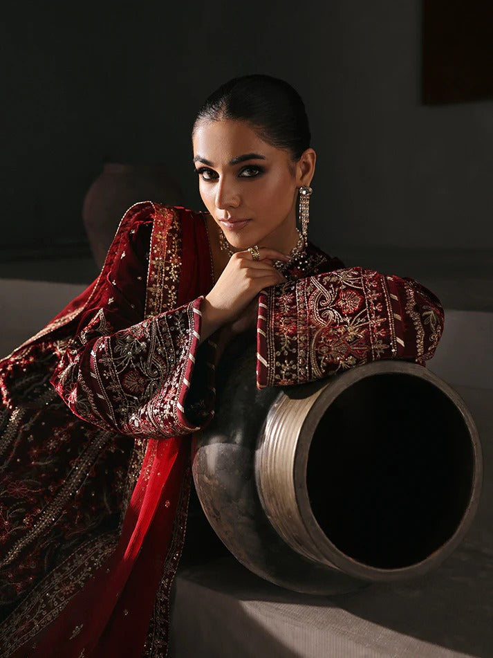 Elegant velvet embroidered 3PC suit with sequined panels, chiffon dupatta & raw silk trouser—perfect for weddings, parties & all-season festive wear.