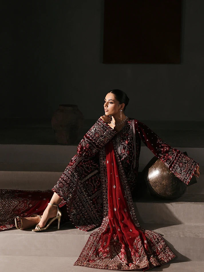Elegant velvet embroidered 3PC suit with sequined panels, chiffon dupatta & raw silk trouser—perfect for weddings, parties & all-season festive wear.