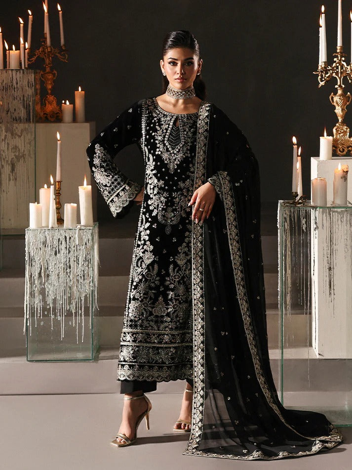 Luxurious velvet embroidered 3PC suit with sequins, chiffon dupatta & raw silk trouser. Perfect for festive events, weddings & all-season premium style.