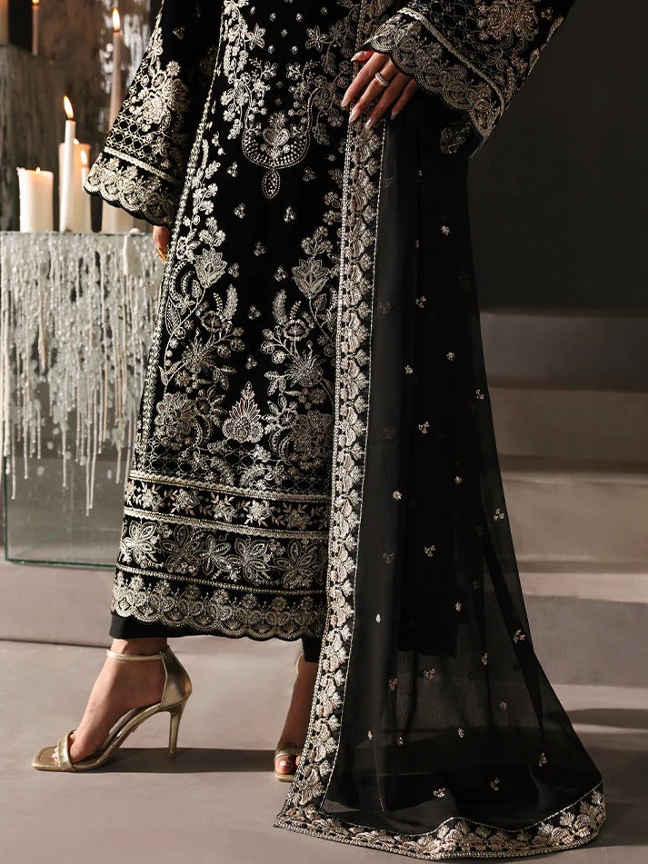 Luxurious velvet embroidered 3PC suit with sequins, chiffon dupatta & raw silk trouser. Perfect for festive events, weddings & all-season premium style.