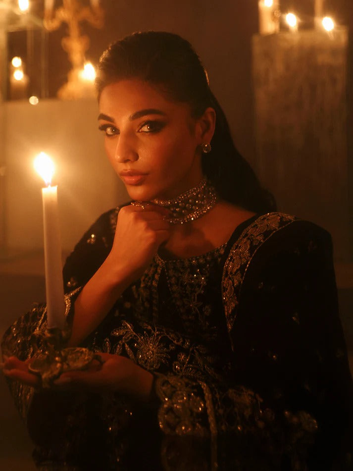 Luxurious velvet embroidered 3PC suit with sequins, chiffon dupatta & raw silk trouser. Perfect for festive events, weddings & all-season premium style.