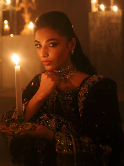 Luxurious velvet embroidered 3PC suit with sequins, chiffon dupatta & raw silk trouser. Perfect for festive events, weddings & all-season premium style.