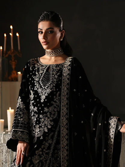 Luxurious velvet embroidered 3PC suit with sequins, chiffon dupatta & raw silk trouser. Perfect for festive events, weddings & all-season premium style.