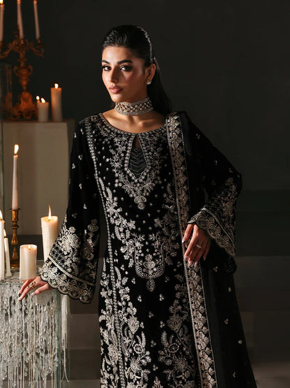 Luxurious velvet embroidered 3PC suit with sequins, chiffon dupatta & raw silk trouser. Perfect for festive events, weddings & all-season premium style.
