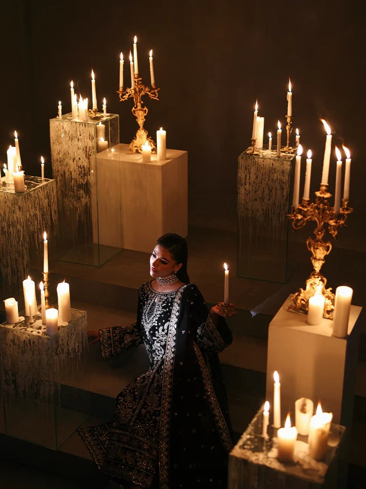 Luxurious velvet embroidered 3PC suit with sequins, chiffon dupatta & raw silk trouser. Perfect for festive events, weddings & all-season premium style.